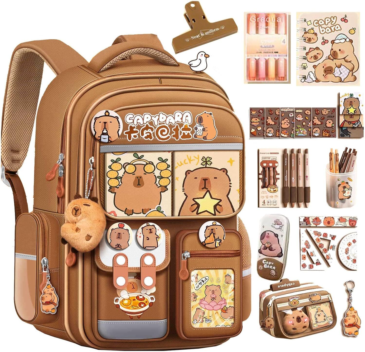 Cute Capybara Backpack with Chic Case and More Pins Ita Bag Cartoon Laptop Travel Utility Funny Going Out Casual Bag(Khaki)