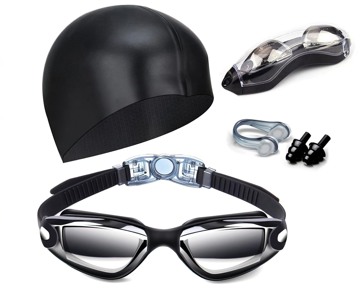 Black Swim Goggles Set with Cap, Nose Clip, Earplugs &amp; Case: Anti-Fog UV Protection for Men &amp; Women