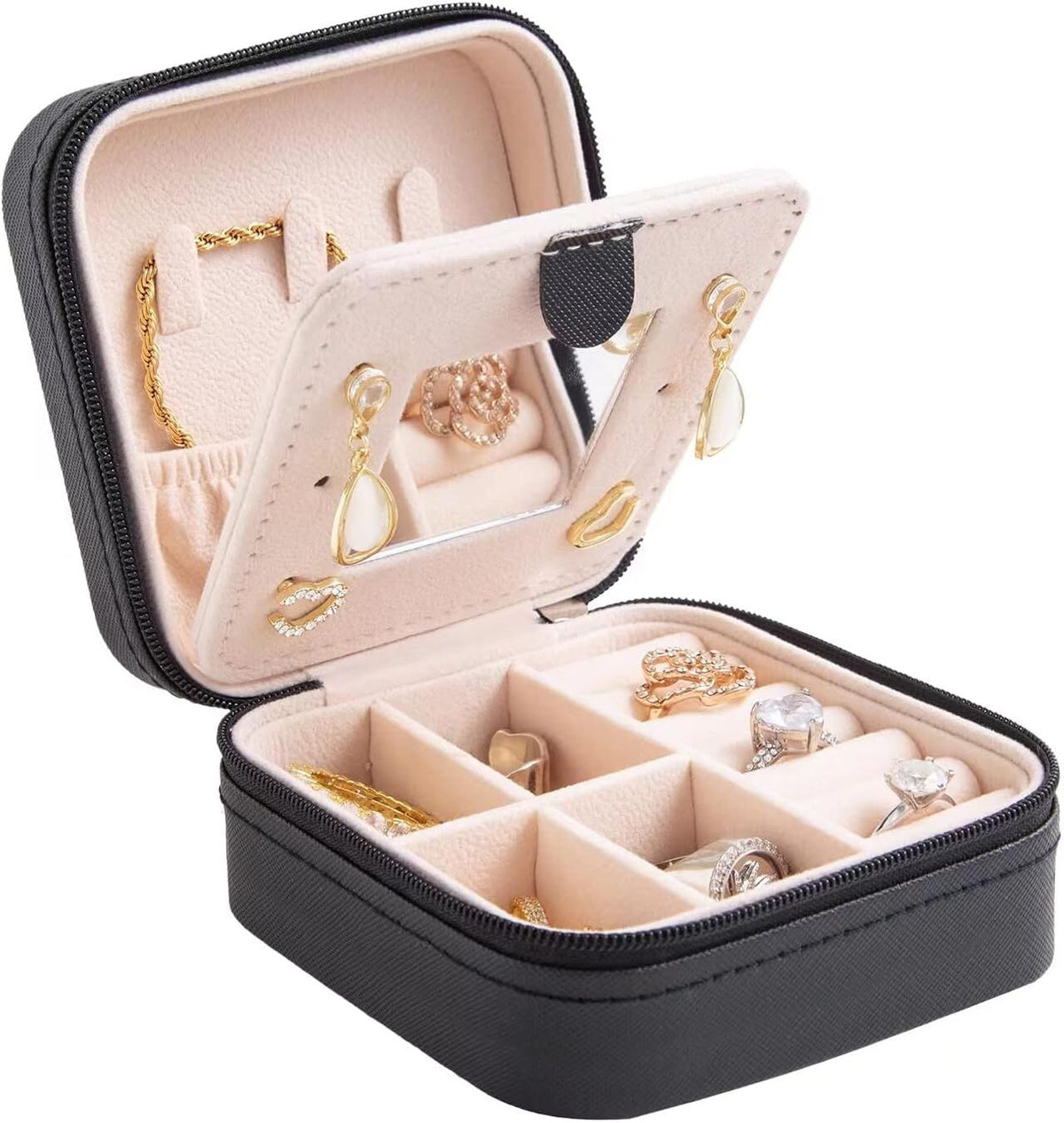Black Travel Jewelry Box with Mirror: Sleek, Organised Storage for Rings, Necklaces &amp; Earrings, Ideal for Aussies