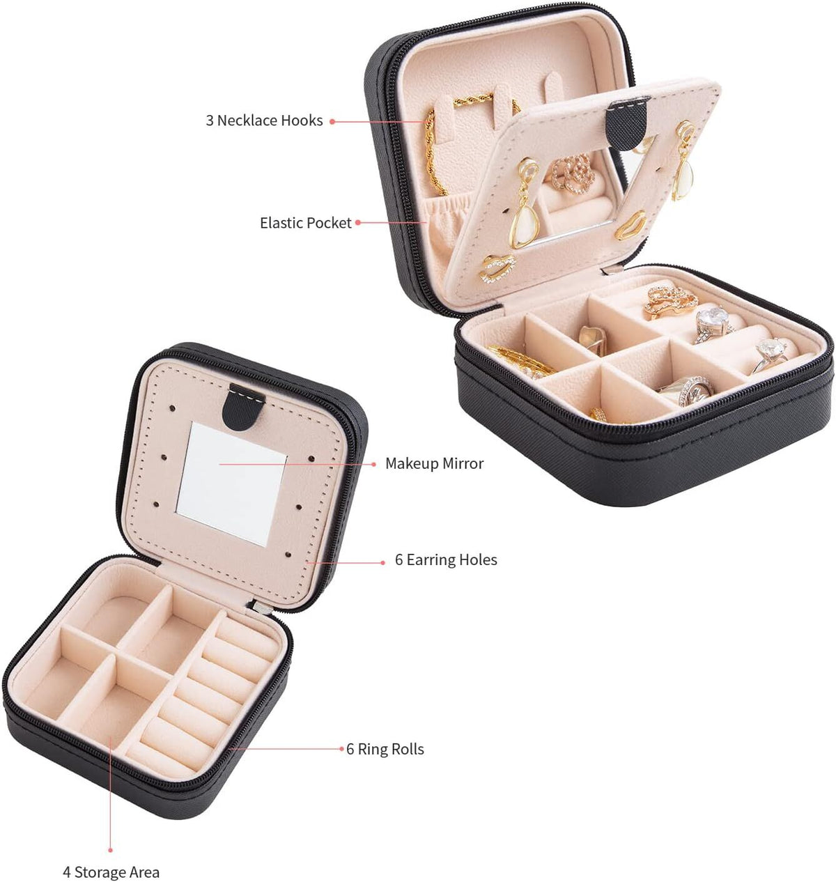 Black Travel Jewelry Box with Mirror: Sleek, Organised Storage for Rings, Necklaces & Earrings, Ideal for Aussies