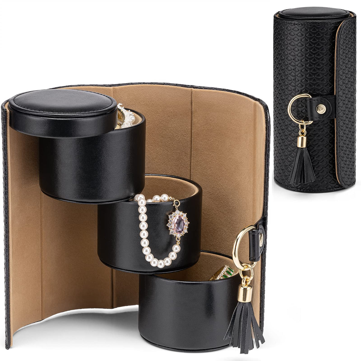 Black Travel Jewelry Case: 3-Layer PU Cylinder Organizer for Necklaces, Earrings, Gifts for Travelers &amp; Jewelry Lovers