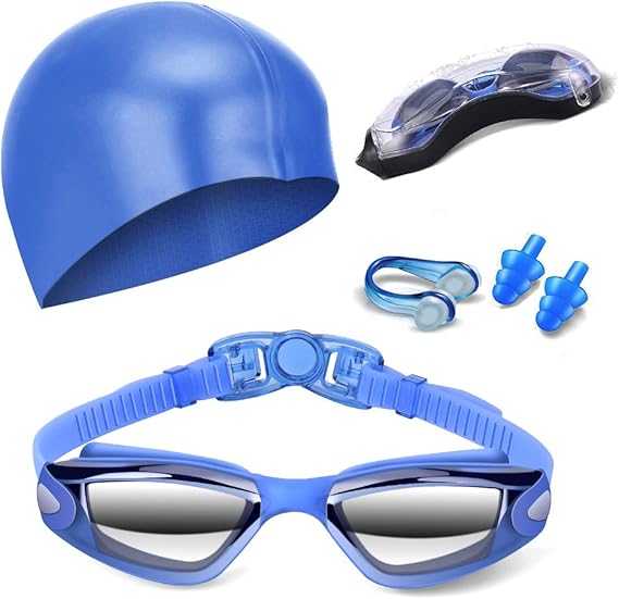 Blue Swim Goggles Set with Cap, Nose Clip, Earplugs &amp; Case: Anti-Fog UV Protection for Men &amp; Women