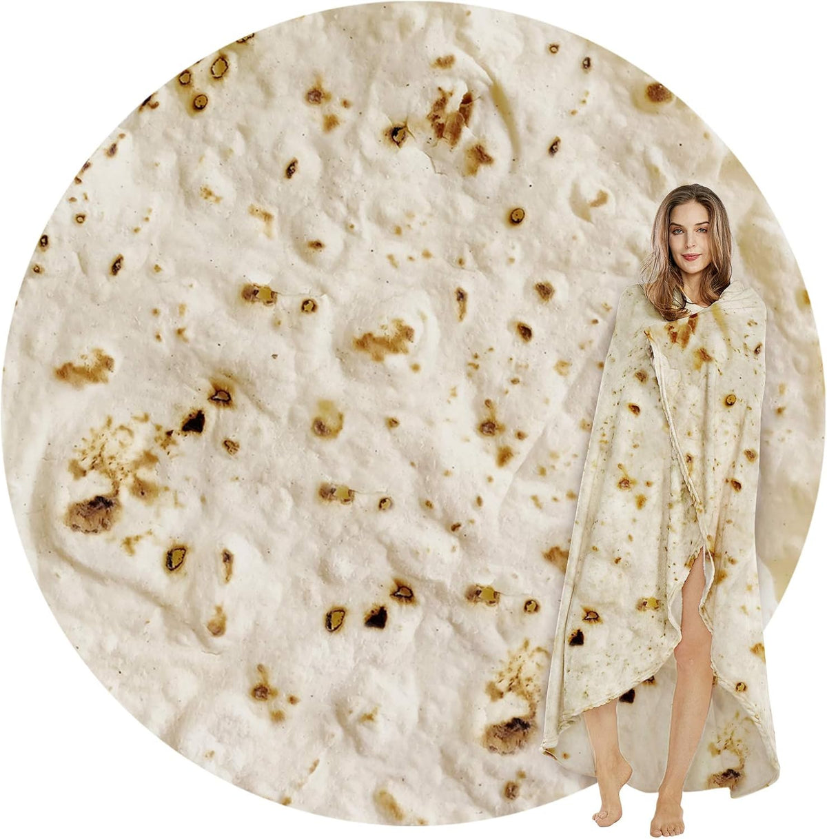 Burritos Tortilla Throw Blanket(Beige), Novelty Funny Round Blanket for Adults &amp; Kids, Soft Flannel Tortilla Wrap Blanket（71",Adults）