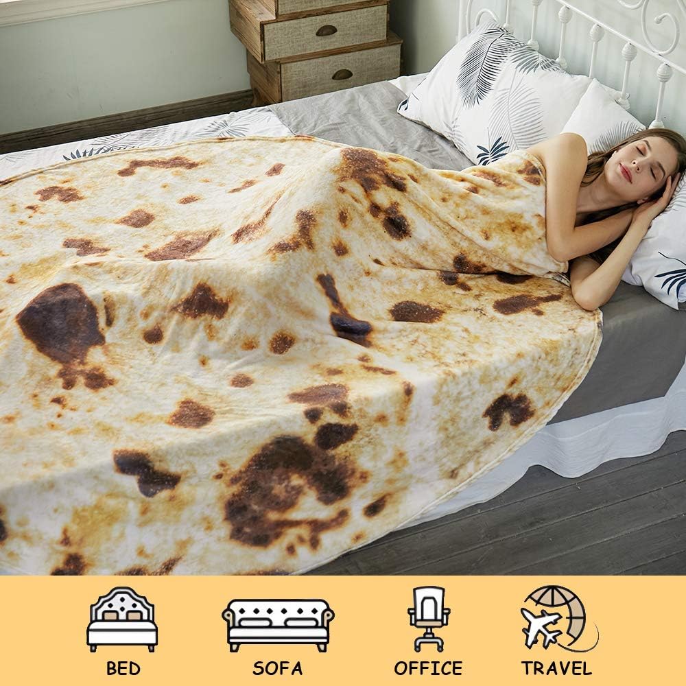Burritos Tortilla Throw Blanket (Brown), Novelty Funny Round Blanket for Kids & Adults, Soft Flannel Tortilla Wrap Blanket（47",Baby）