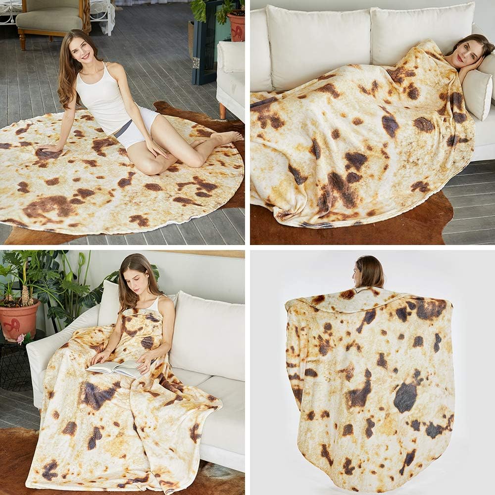 Burritos Tortilla Throw Blanket (Brown), Novelty Funny Round Blanket for Kids & Adults, Soft Flannel Tortilla Wrap Blanket（47",Baby）
