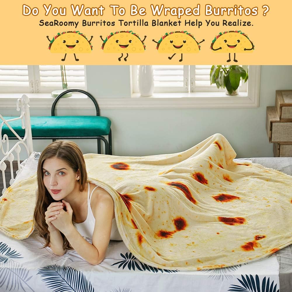 Burritos Tortilla Throw Blanket (Yellow), Novelty Funny Round Blanket for Kids & Adults, Soft Flannel Tortilla Wrap Blanket（60",Teenagers）