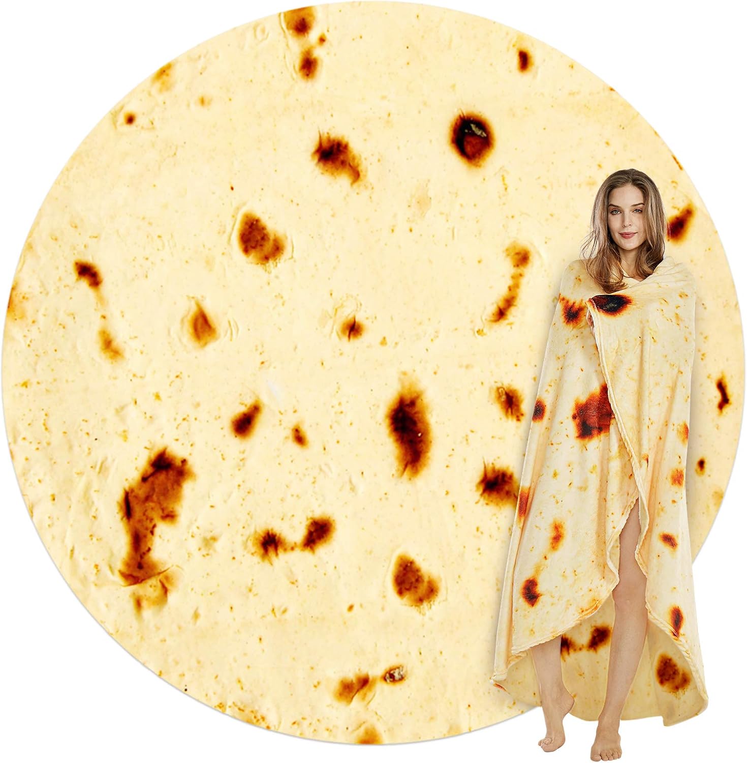Burritos Tortilla Throw Blanket (Yellow), Novelty Funny Round Blanket for Kids & Adults, Soft Flannel Tortilla Wrap Blanket（71", Adults）
