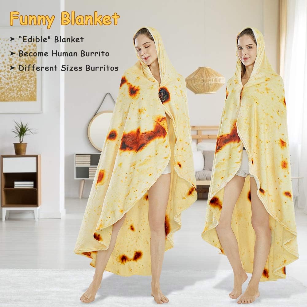 Burritos Tortilla Throw Blanket (Yellow), Novelty Funny Round Blanket for Kids & Adults, Soft Flannel Tortilla Wrap Blanket（71", Adults）