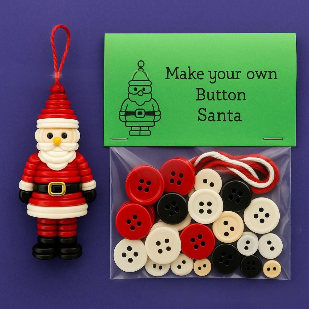 Christmas gift Christmas Button Ornament - Festive Santa Design Craft Kit- Set of 5 pieces（Santa Claus、Snowman、angel、Red Christmas tree and green Christmas tree）