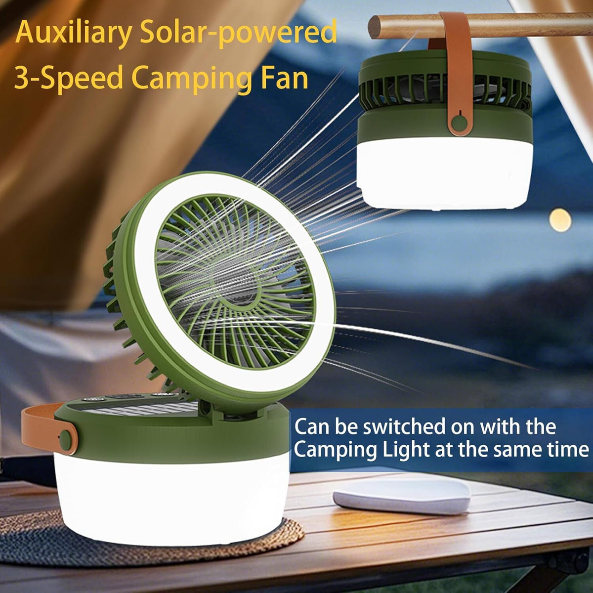 Camping Light with Fan, Portable Hanging Lamp for Tent, IPX4 Waterproof, 4 Mode Light Camping Lantern and 3 -Speed Quiet Fan,USB & Auxiliary Solar Charging，for Camping/College Dorm (Army Green)