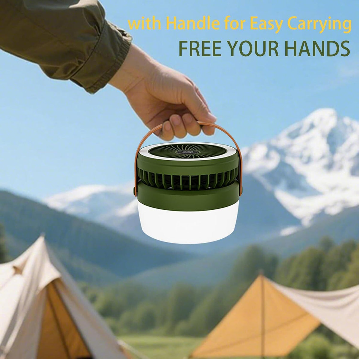 Camping Light with Fan, Portable Hanging Lamp for Tent, IPX4 Waterproof, 4 Mode Light Camping Lantern and 3 -Speed Quiet Fan,USB & Auxiliary Solar Charging，for Camping/College Dorm (Army Green)