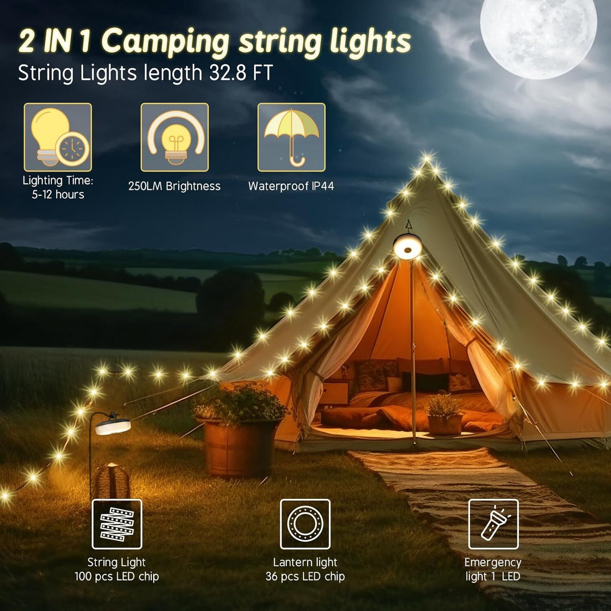 Solar Camping String Lights: 5-Mode IPX4 Waterproof USB/Solar Powered 2-in-1 for Outdoor Tents, Hiking & Party Decor