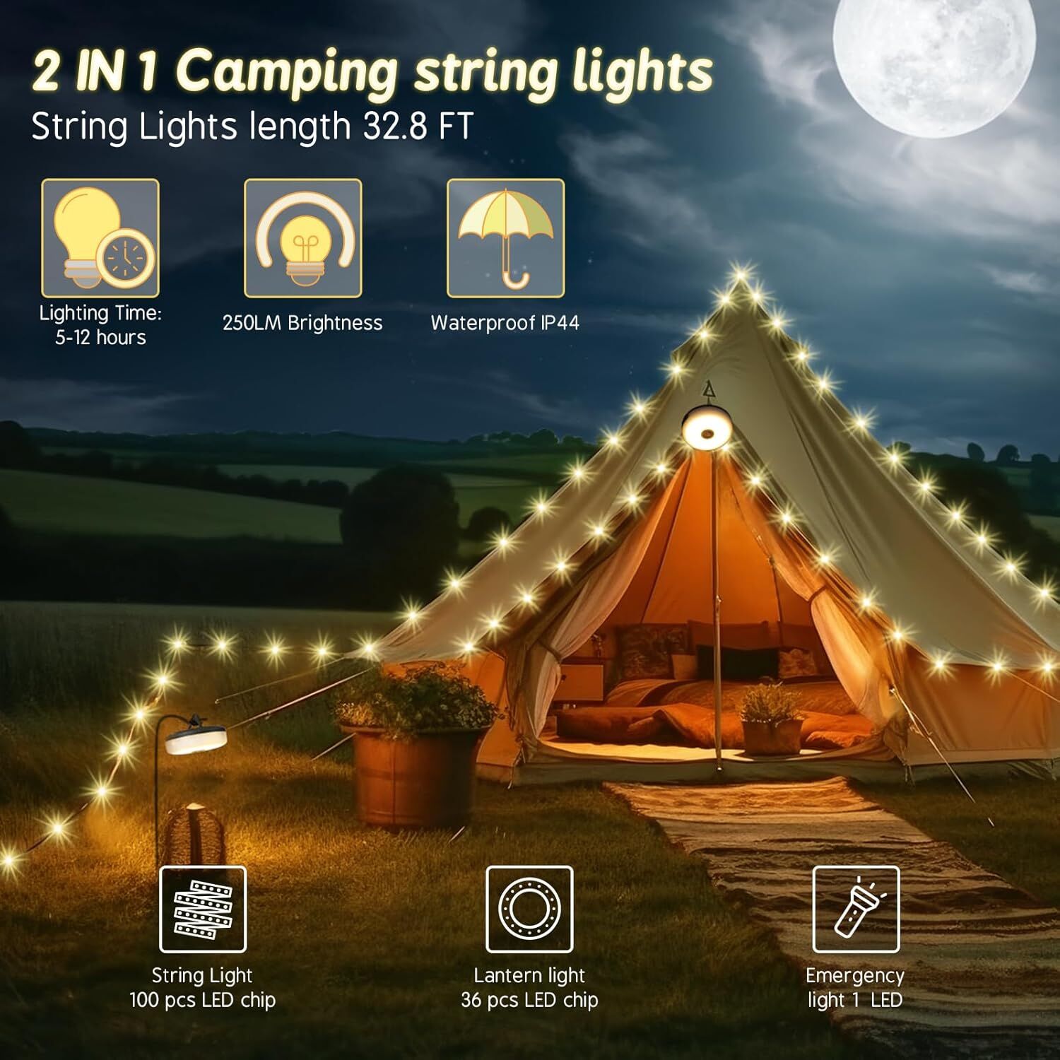 Solar Camping String Lights: 5-Mode IPX4 Waterproof USB/Solar Powered 2-in-1 for Outdoor Tents, Hiking & Party Decor