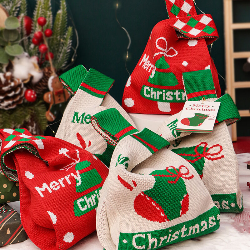 Christmas gift 4-Pack Christmas Knitted Gift Bags - Small &amp; Big Festive Pouches for Apples, Candies, Christmas Eve Gifting &amp; DecorationProduct（L） 