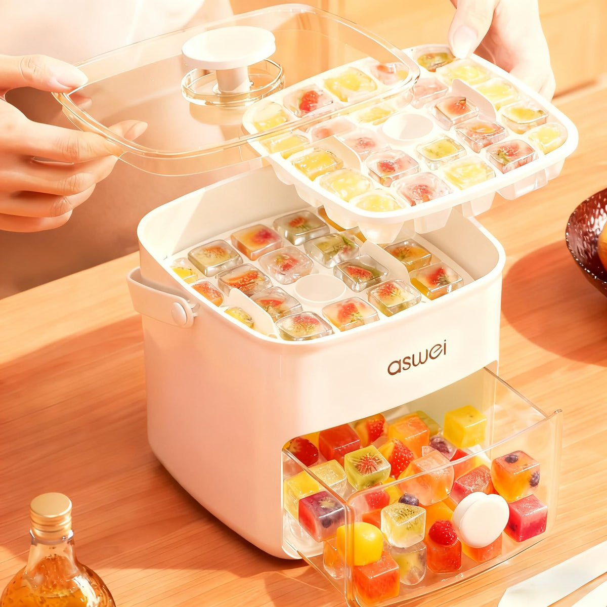 Portable Ice Cube Maker with Storage Drawer – BPA-Free, 48-Cube Capacity, Push-Release Tray & Transparent Lid for Cocktails, Coffee, Whiskey(White)