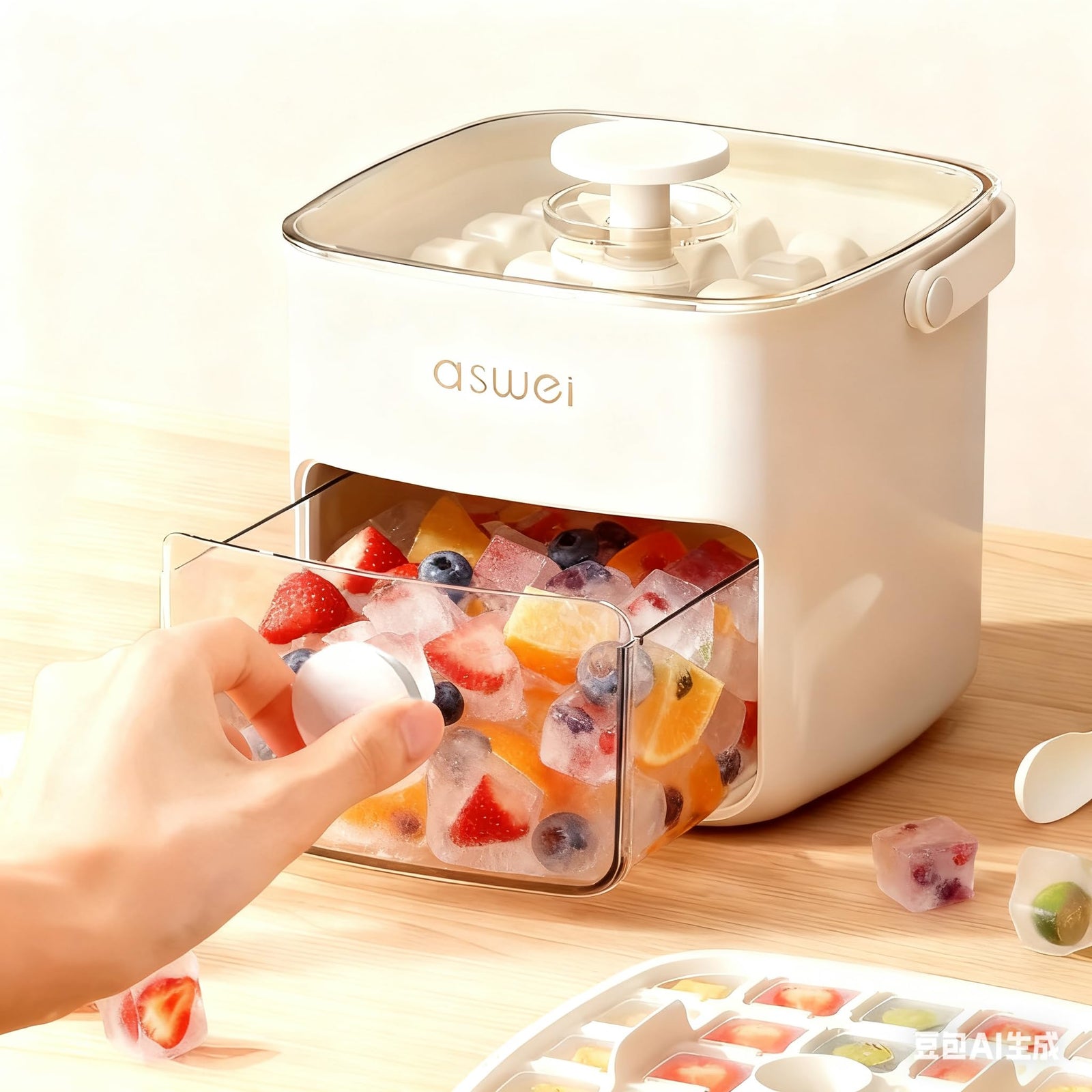 Portable Ice Cube Maker with Storage Drawer – BPA-Free, 48-Cube Capacity, Push-Release Tray & Transparent Lid for Cocktails, Coffee, Whiskey(White)