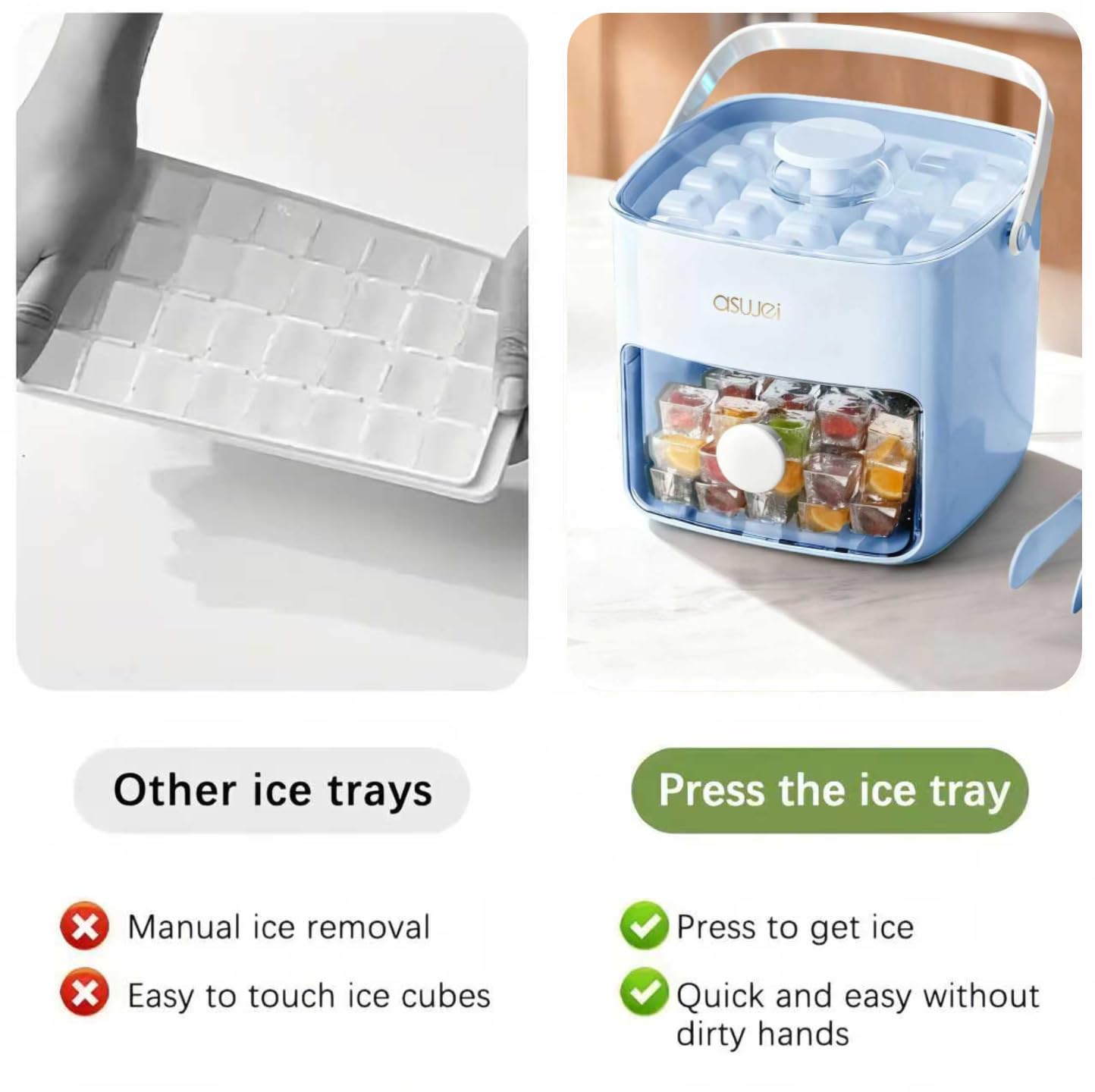 Portable Ice Cube Maker with Storage Drawer – BPA-Free, 48-Cube Capacity, Push-Release Tray & Transparent Lid for Cocktails, Coffee, Whiskey(Blue)