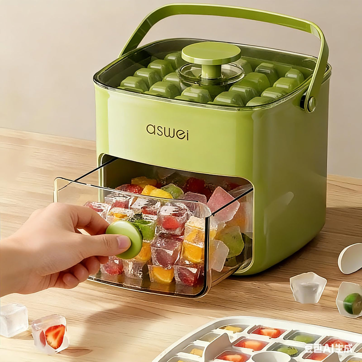 Portable Ice Cube Maker with Storage Drawer – BPA-Free, 48-Cube Capacity, Push-Release Tray & Transparent Lid for Cocktails, Coffee, Whiskey(Green)