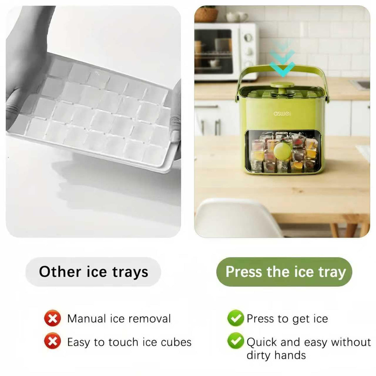 Portable Ice Cube Maker with Storage Drawer – BPA-Free, 48-Cube Capacity, Push-Release Tray & Transparent Lid for Cocktails, Coffee, Whiskey(Green)