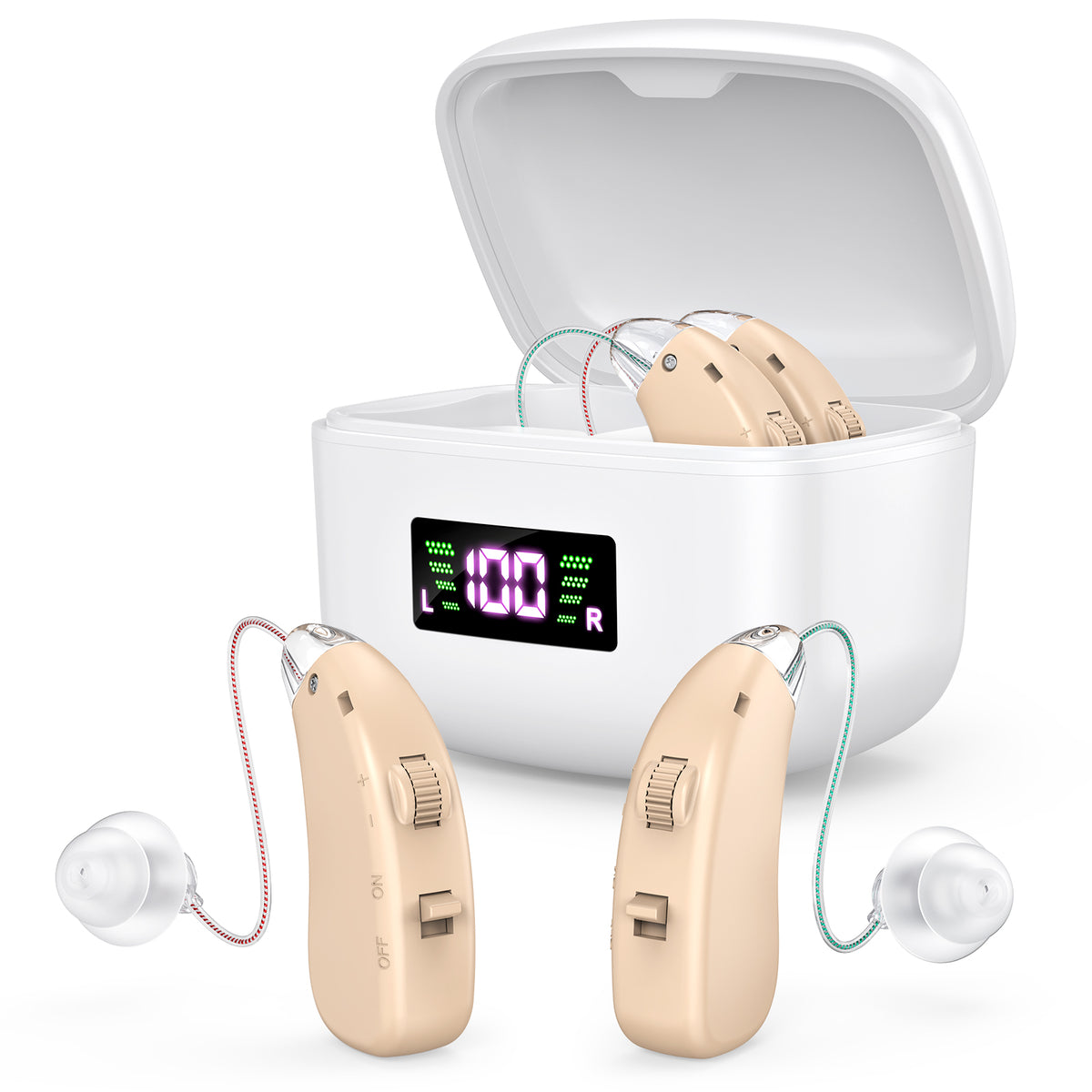 Rechargeable Behind-the-Ear Hearing Aids with Charging Case &amp; LCD Display – Compact Sound Amplifier for Adults and Seniors (White Case, Skin Tone Device)