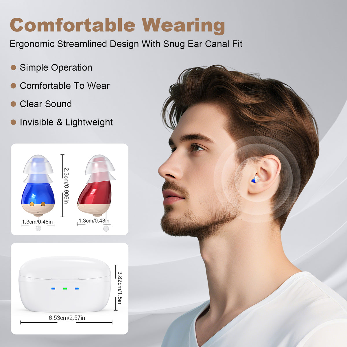 Rechargeable Behind-the-Ear Hearing Aids with Charging Case – Compact Sound Amplifier for Adults & Seniors with Memory Volume (White Case, Red & Blue Device)