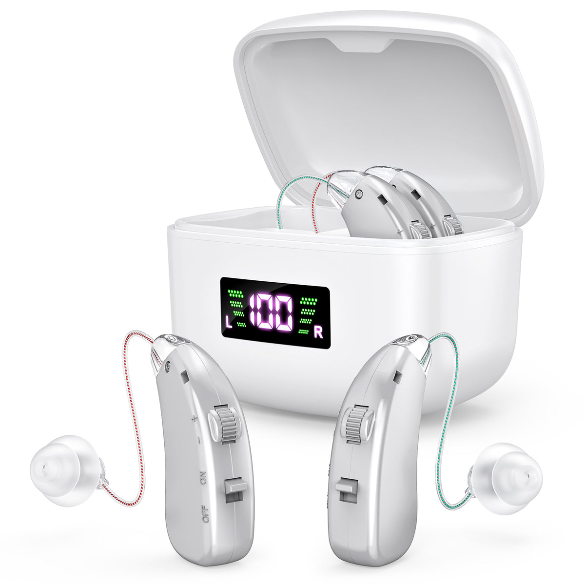 Rechargeable Behind-the-Ear Hearing Aids with Charging Case &amp; LCD Display – Compact Sound Amplifier for Adults and Seniors (White Case, Silver Device)