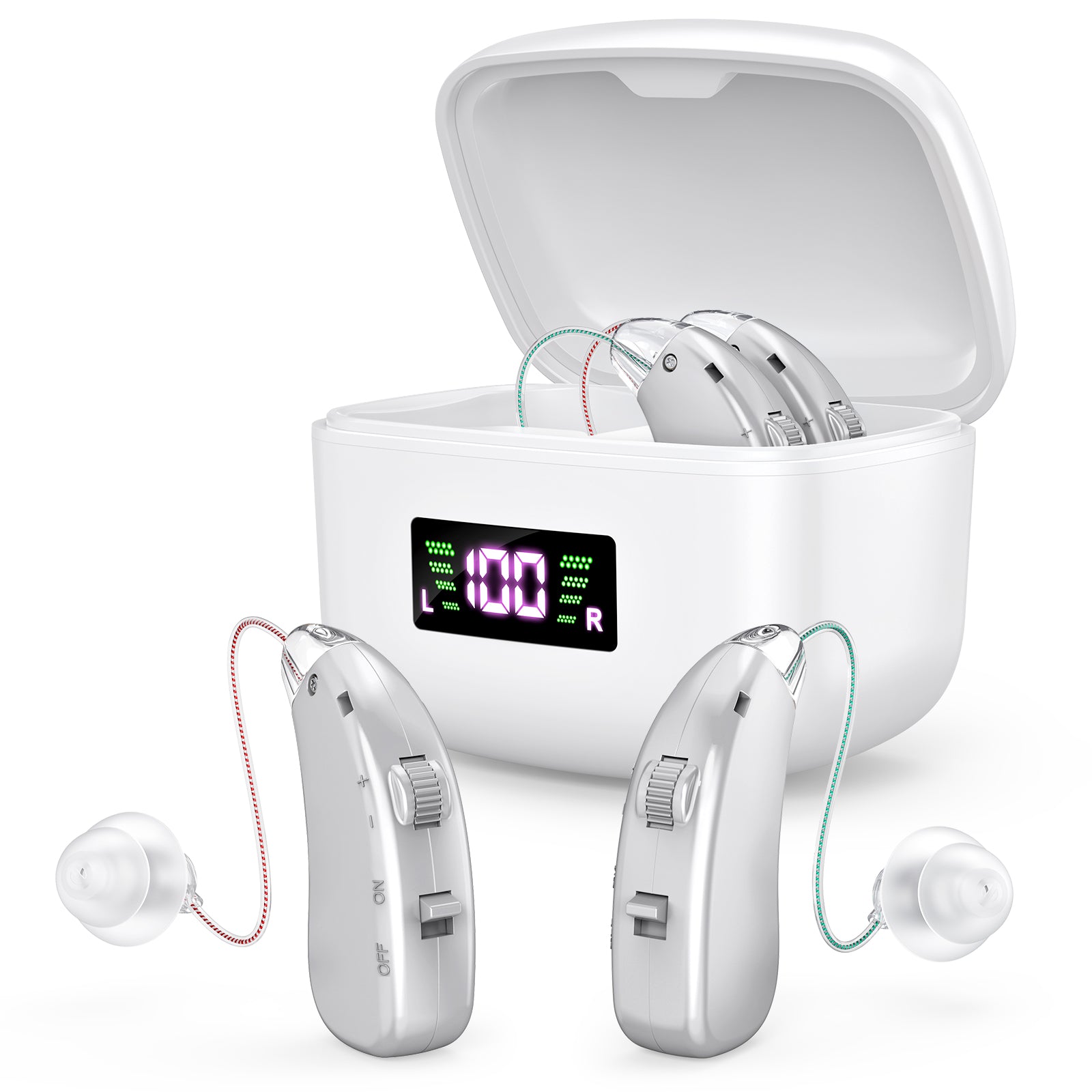 Rechargeable Behind-the-Ear Hearing Aids with Charging Case & LCD Display – Compact Sound Amplifier for Adults and Seniors (White Case, Silver Device)