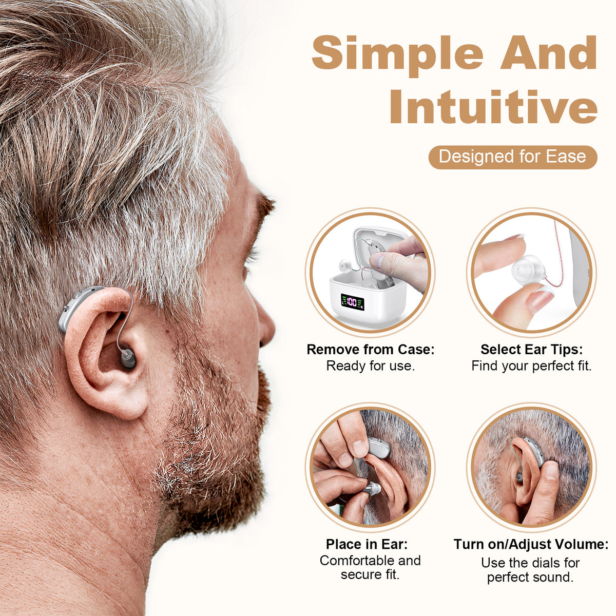 Rechargeable Behind-the-Ear Hearing Aids with Charging Case & LCD Display – Compact Sound Amplifier for Adults and Seniors (White Case, Silver Device)