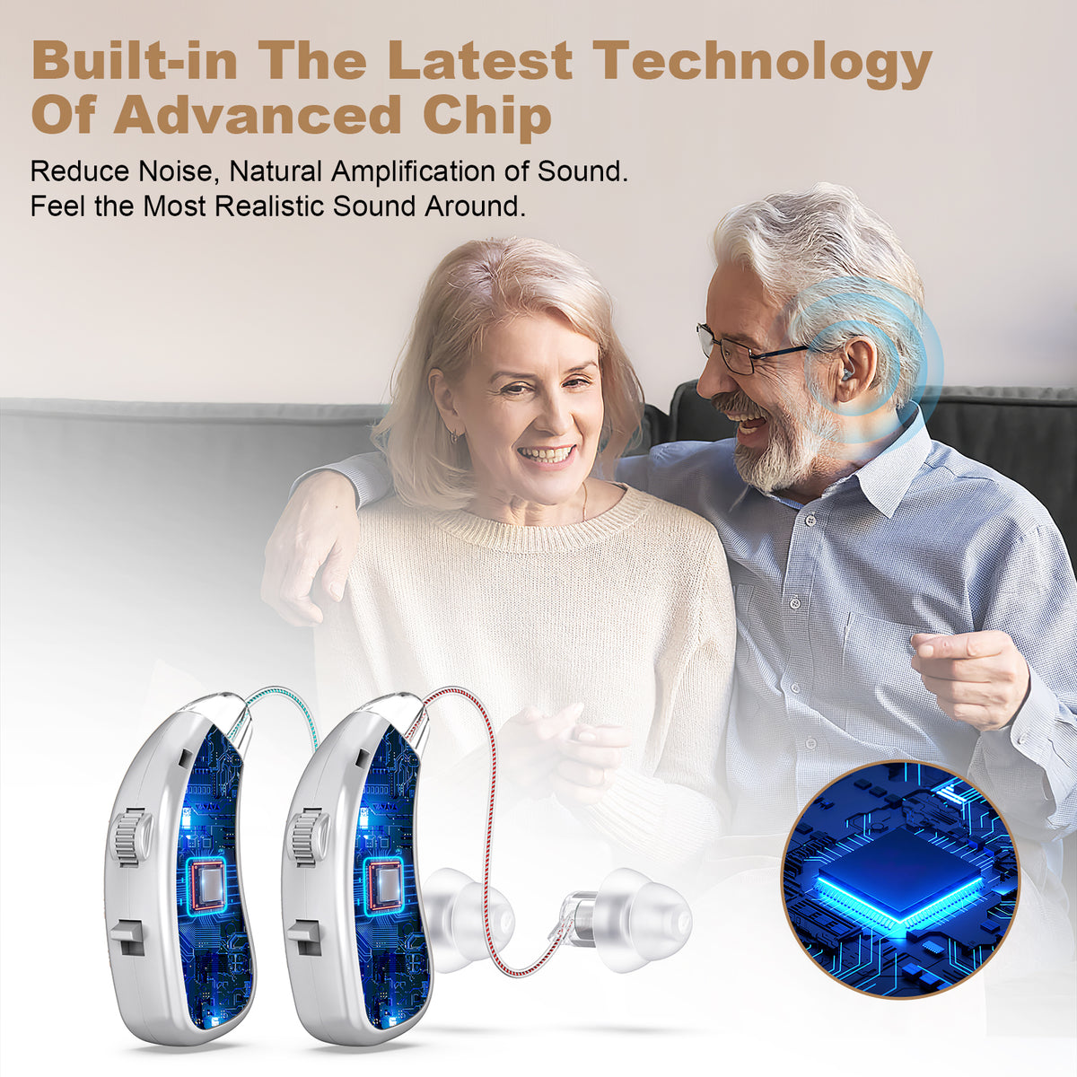 Rechargeable Behind-the-Ear Hearing Aids with Charging Case & LCD Display – Compact Sound Amplifier for Adults and Seniors (White Case, Silver Device)