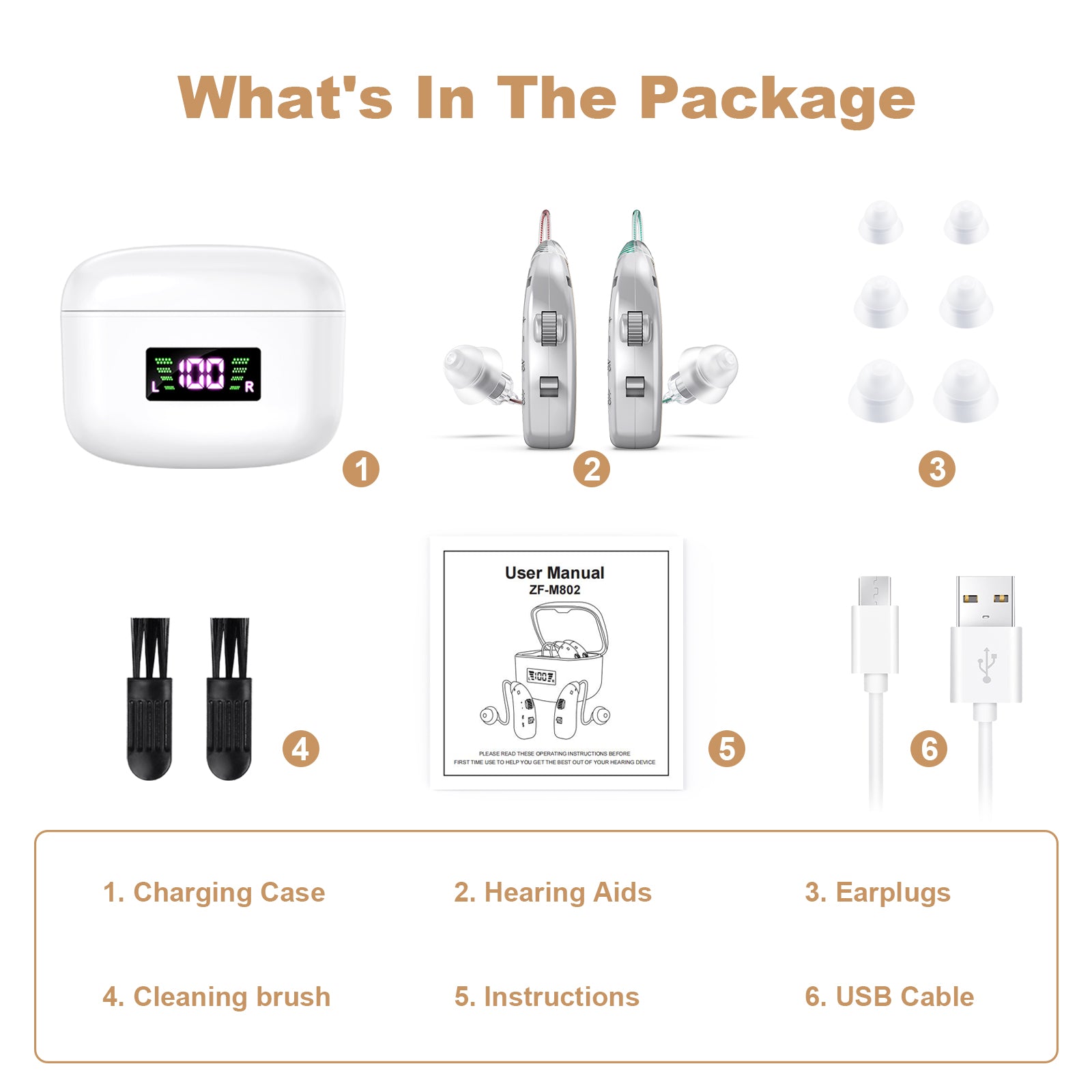 Rechargeable Behind-the-Ear Hearing Aids with Charging Case & LCD Display – Compact Sound Amplifier for Adults and Seniors (White Case, Silver Device)