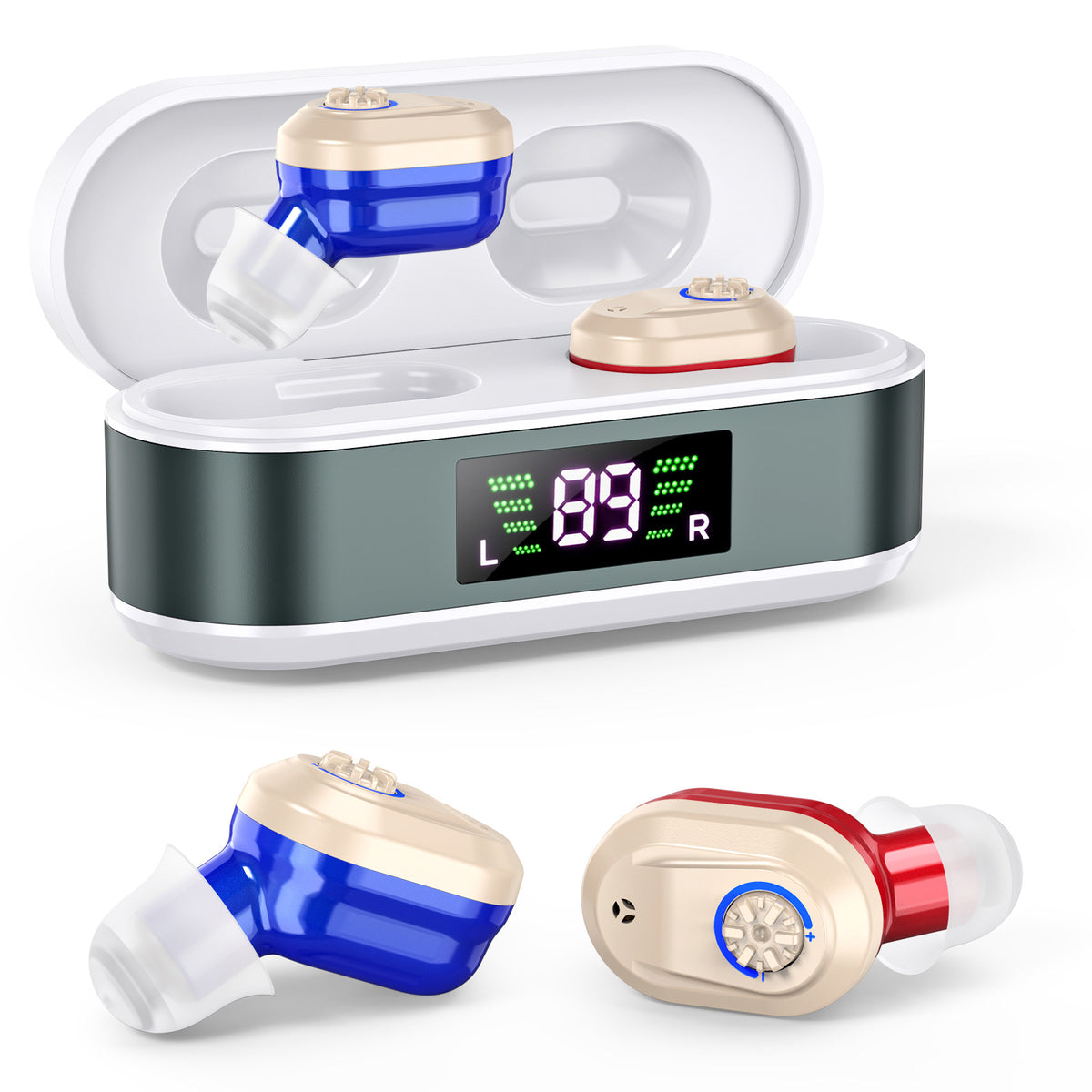 Rechargeable In-the-Ear Hearing Aids with Charging Case and LCD Display – Ultra-Compact Sound Amplifier for Seniors (White &amp; Green Case, Red &amp; Blue Device)