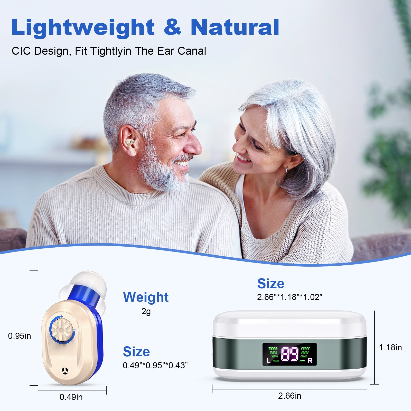 Rechargeable In-the-Ear Hearing Aids with Charging Case and LCD Display – Ultra-Compact Sound Amplifier for Seniors (White & Green Case, Red & Blue Device)