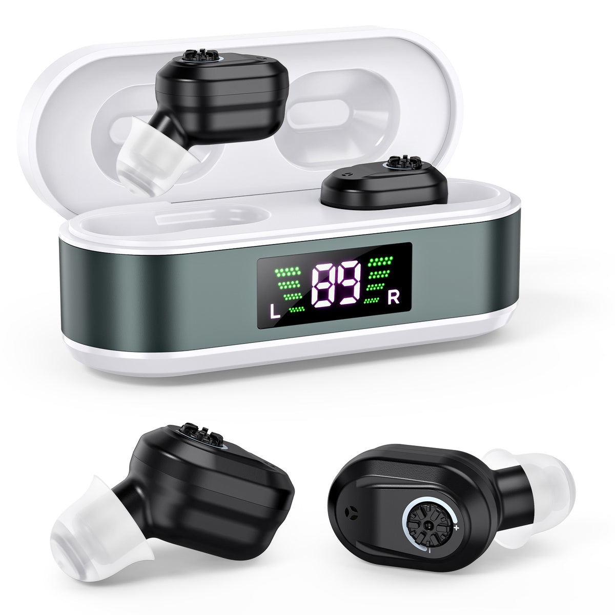 Rechargeable In-the-Ear Hearing Aids with Charging Case and LCD Display – Ultra-Compact Sound Amplifier for Seniors (White &amp; Green Case, Black Device)