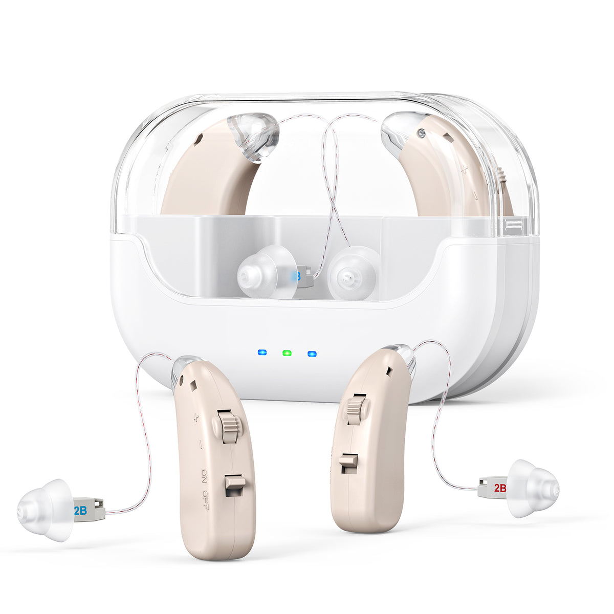 Rechargeable Hearing Amplifier with Charging Case – Compact Sound Enhancer for Daily Use, Noise Reduction &amp; Clear Audio (White &amp; Transparent Case, Skin Tone)