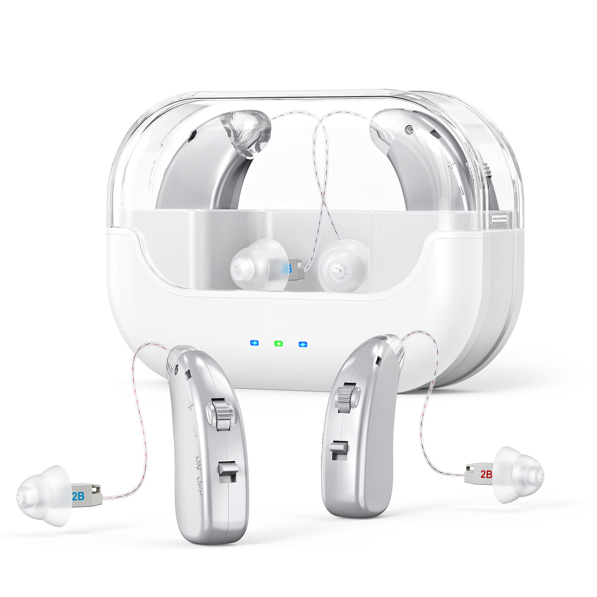 Rechargeable Hearing Amplifier with Charging Case – Compact Sound Enhancer for Daily Use, Noise Reduction &amp; Clear Audio (White &amp; Transparent Case, Silver Tone)