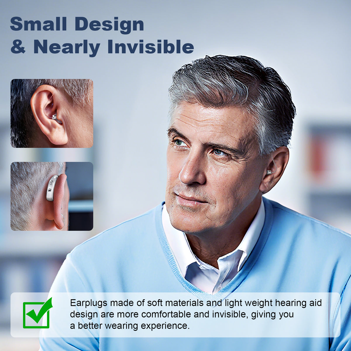 Rechargeable Hearing Amplifier with Charging Case – Compact Sound Enhancer for Daily Use, Noise Reduction & Clear Audio (White & Transparent Case, Silver Tone)