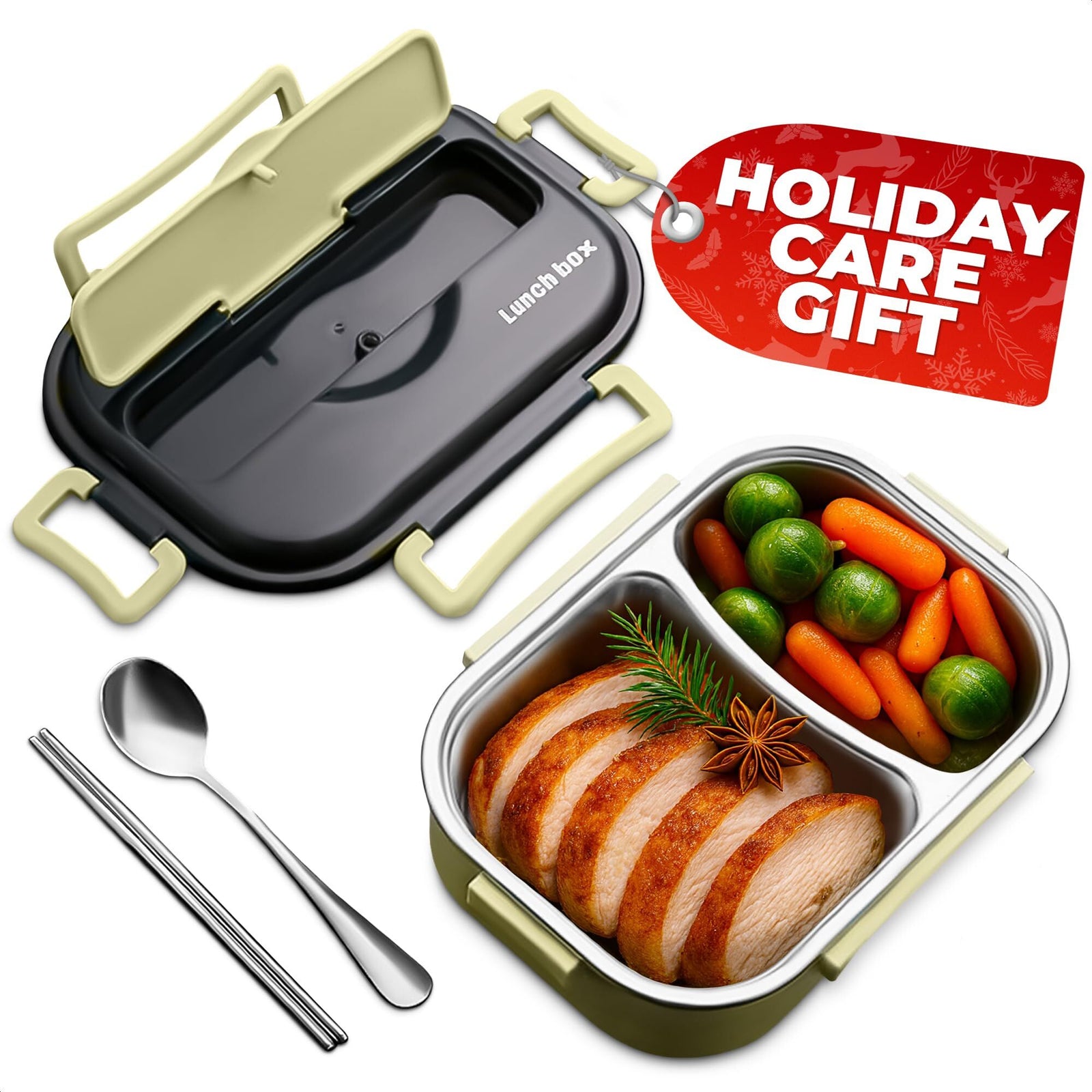 Stainless Steel Bento Lunch Box with Dual Compartments & Utensils – Microwave & Dishwasher Safe for Adults (Green)