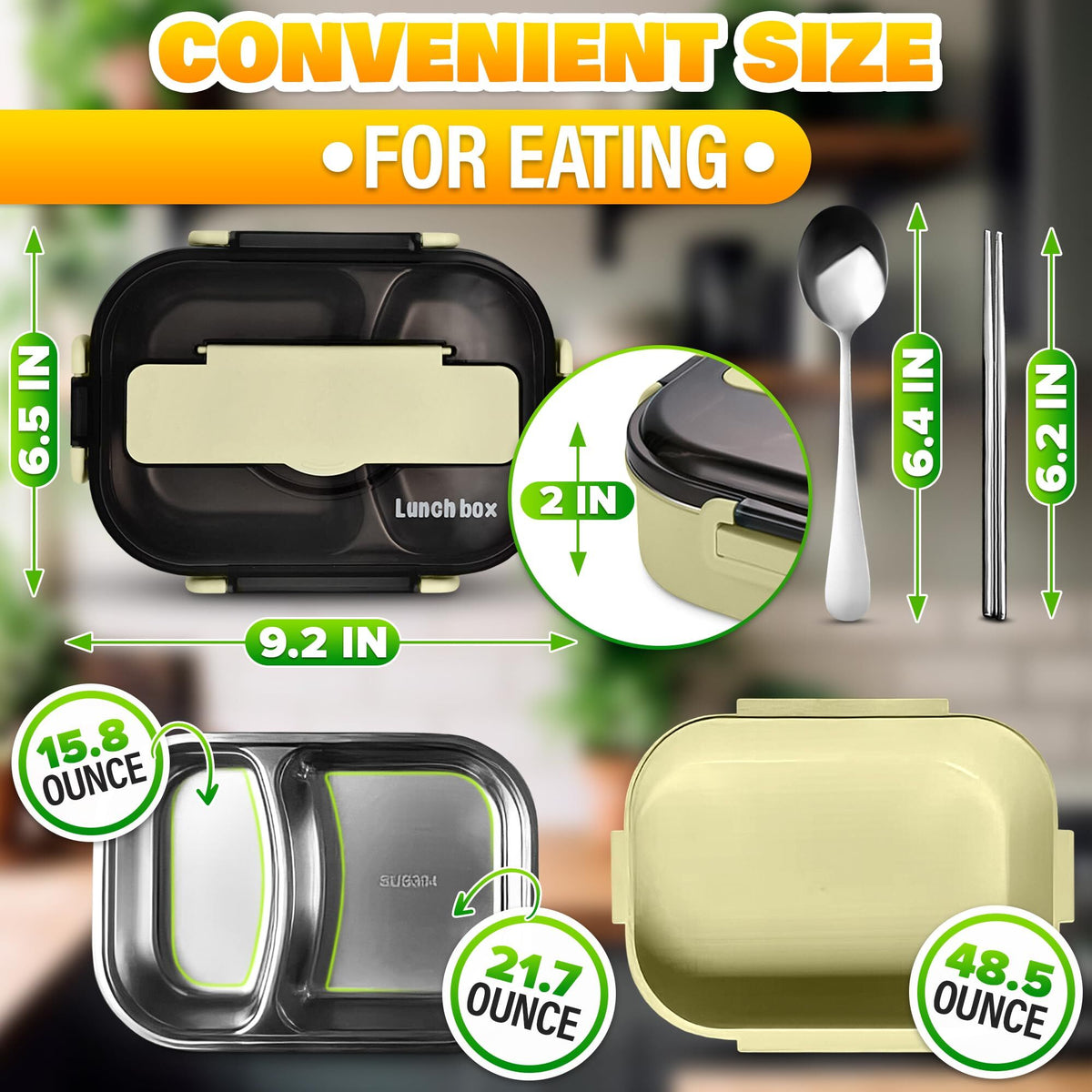 Stainless Steel Bento Lunch Box with Dual Compartments & Utensils – Microwave & Dishwasher Safe for Adults (Green)