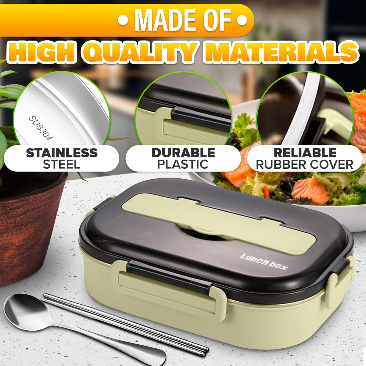 Stainless Steel Bento Lunch Box with Dual Compartments & Utensils – Microwave & Dishwasher Safe for Adults (Green)