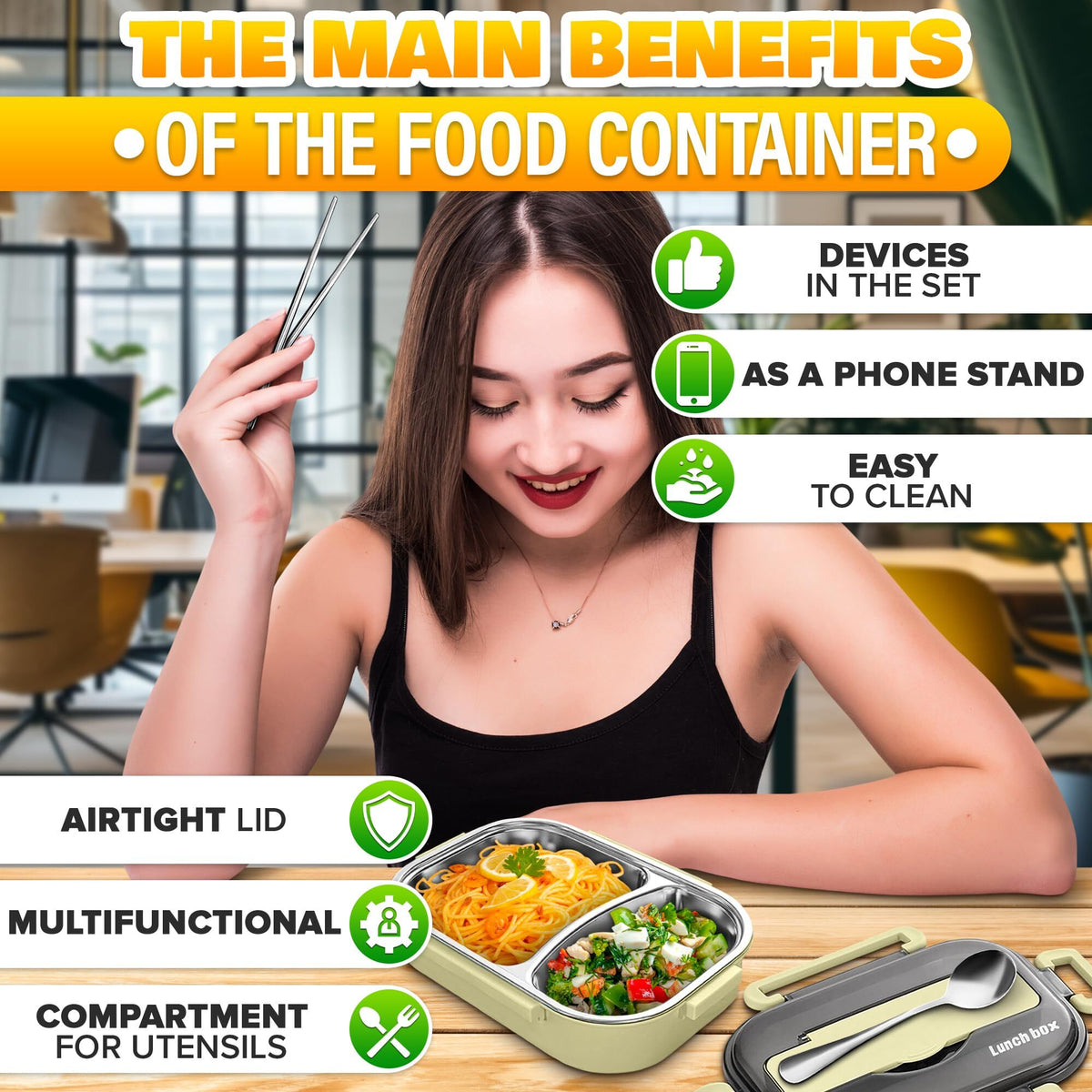 Stainless Steel Bento Lunch Box with Dual Compartments & Utensils – Microwave & Dishwasher Safe for Adults (Green)