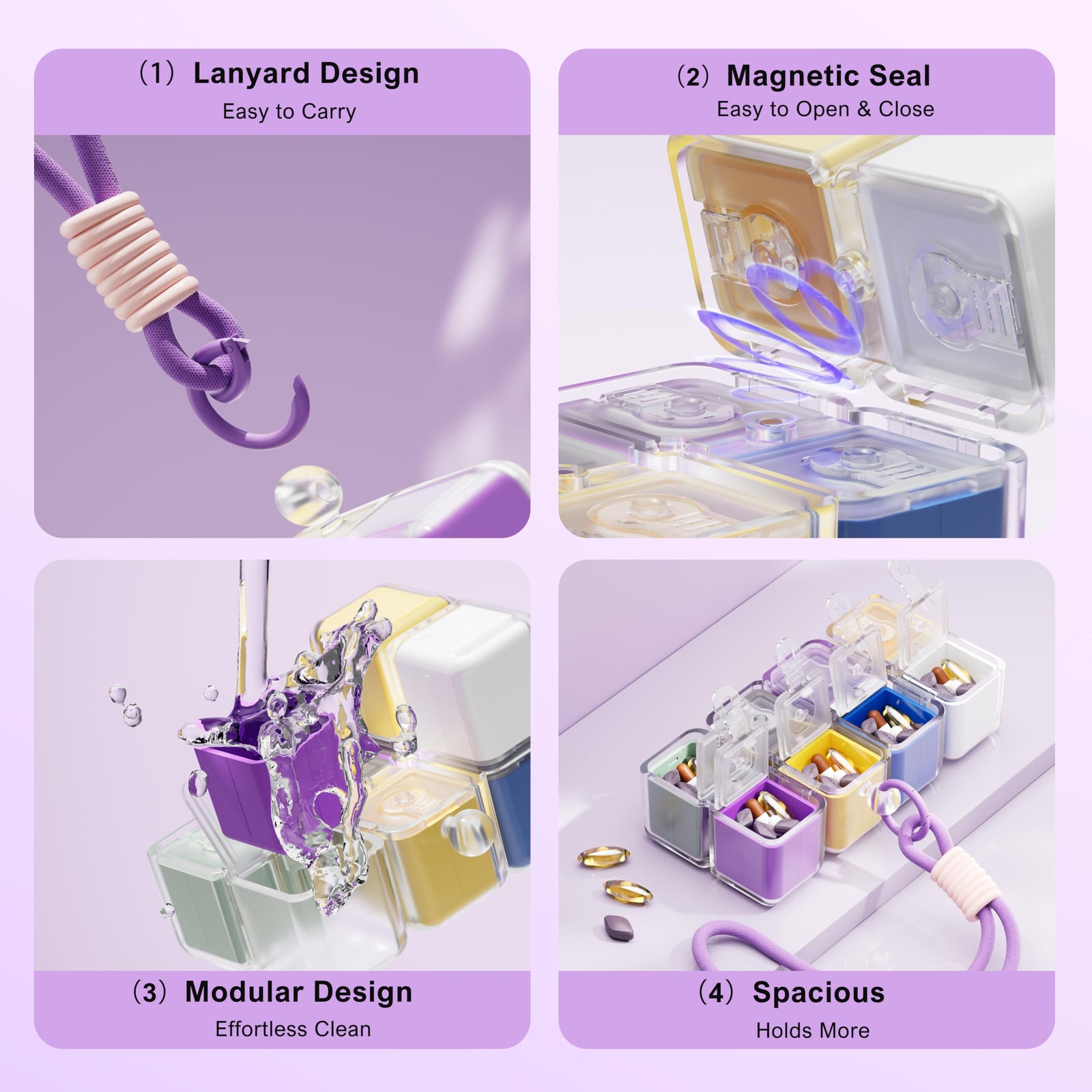 Cube-Shaped Weekly Pill Organizer with Carabiner Clip – 7 Compartment Portable Medicine Case, Airtight & Moisture-Resistant for Daily Vitamins or Emergency Use (Rainbow)