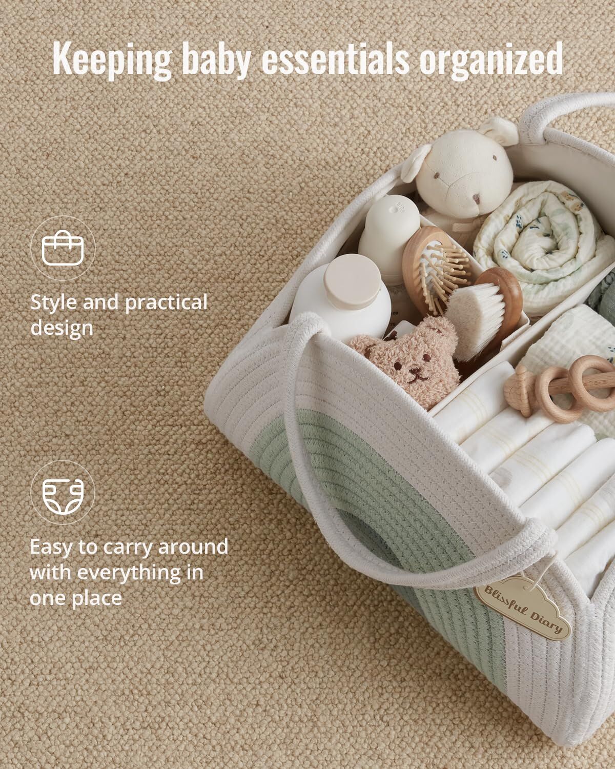 Portable Cotton Rope Diaper Caddy – Large Baby Storage Basket with Removable Dividers and Handles for Nursery, Car, Travel – Stylish Organizing Bin for Newborn Essentials (Mint Rainbow)