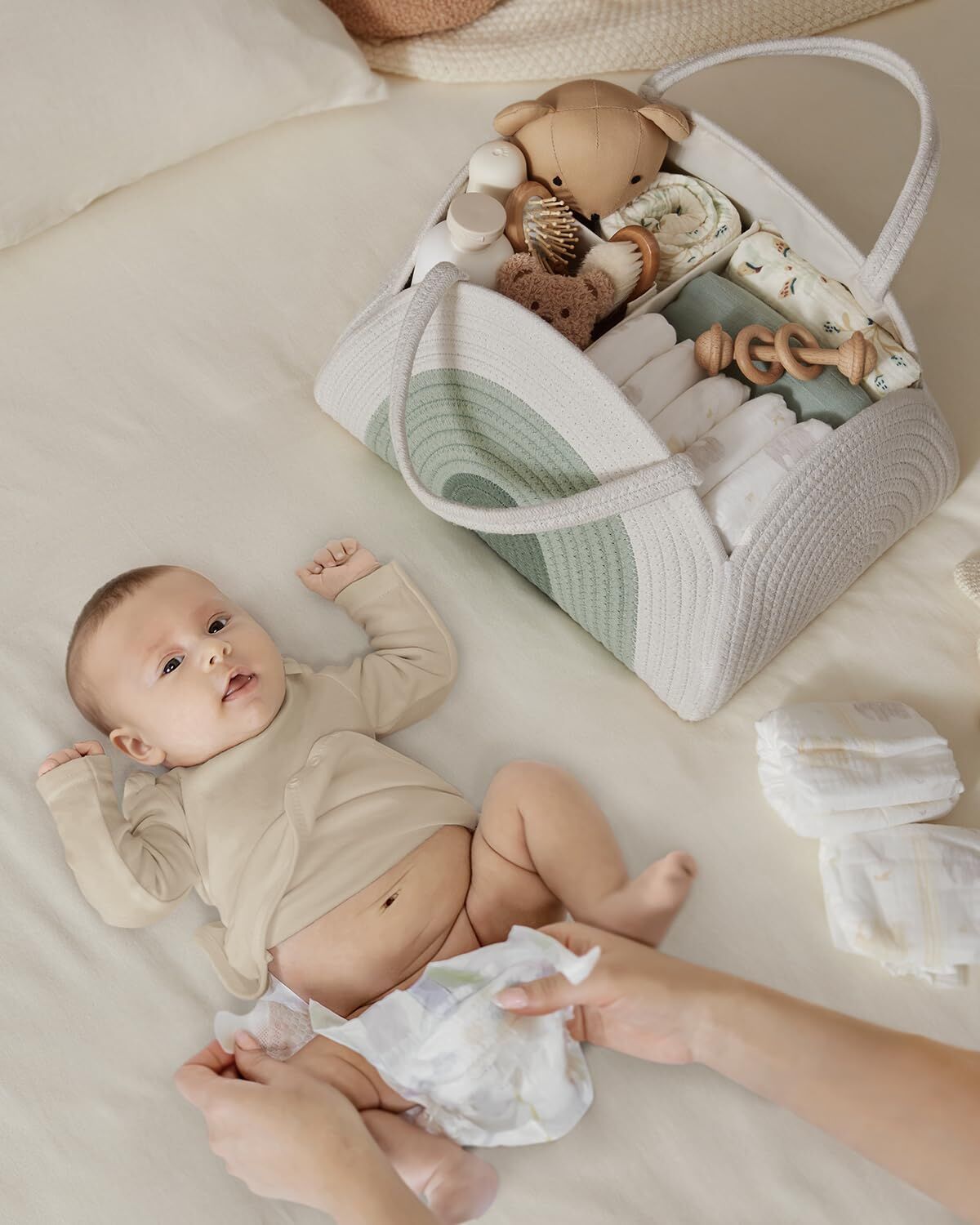Portable Cotton Rope Diaper Caddy – Large Baby Storage Basket with Removable Dividers and Handles for Nursery, Car, Travel – Stylish Organizing Bin for Newborn Essentials (Mint Rainbow)