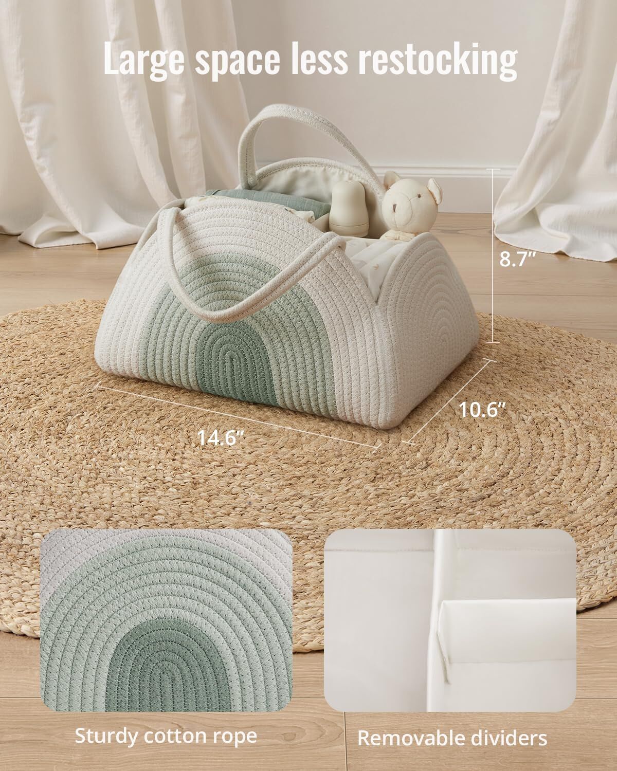 Portable Cotton Rope Diaper Caddy – Large Baby Storage Basket with Removable Dividers and Handles for Nursery, Car, Travel – Stylish Organizing Bin for Newborn Essentials (Mint Rainbow)