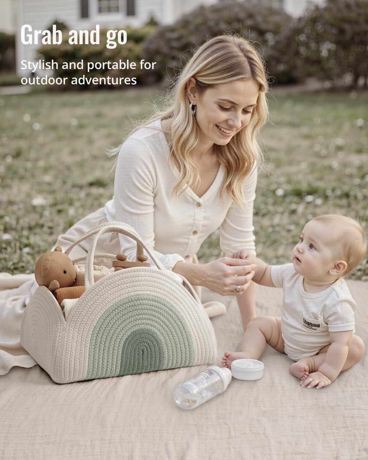 Portable Cotton Rope Diaper Caddy – Large Baby Storage Basket with Removable Dividers and Handles for Nursery, Car, Travel – Stylish Organizing Bin for Newborn Essentials (Mint Rainbow)