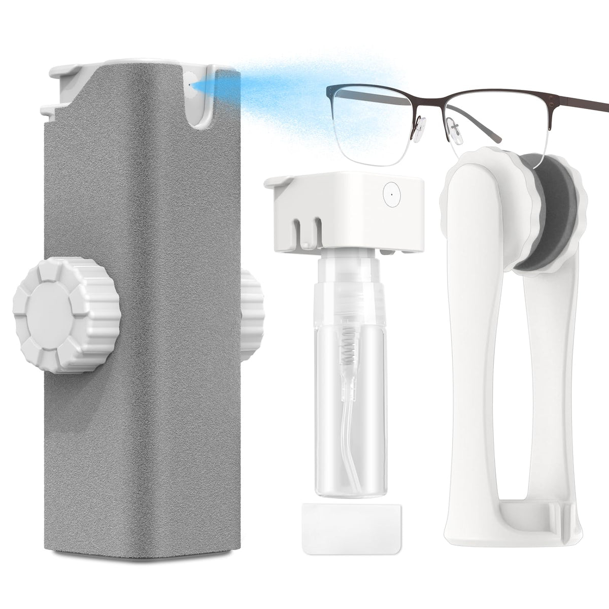All-in-One Portable Glasses Cleaning Kit with Spray, Brush &amp; Microfiber Cloth – Compact Lens Cleaner for Eyeglasses, Phone Screens, and More (White)