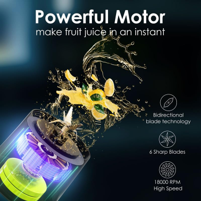 Portable Blender with 360W Motor – Wireless 24oz Juicer, USB-C Rechargeable, Self-Cleaning, 6-Blade, BPA-Free (Black Transparent) | Other Colors Available in Store
