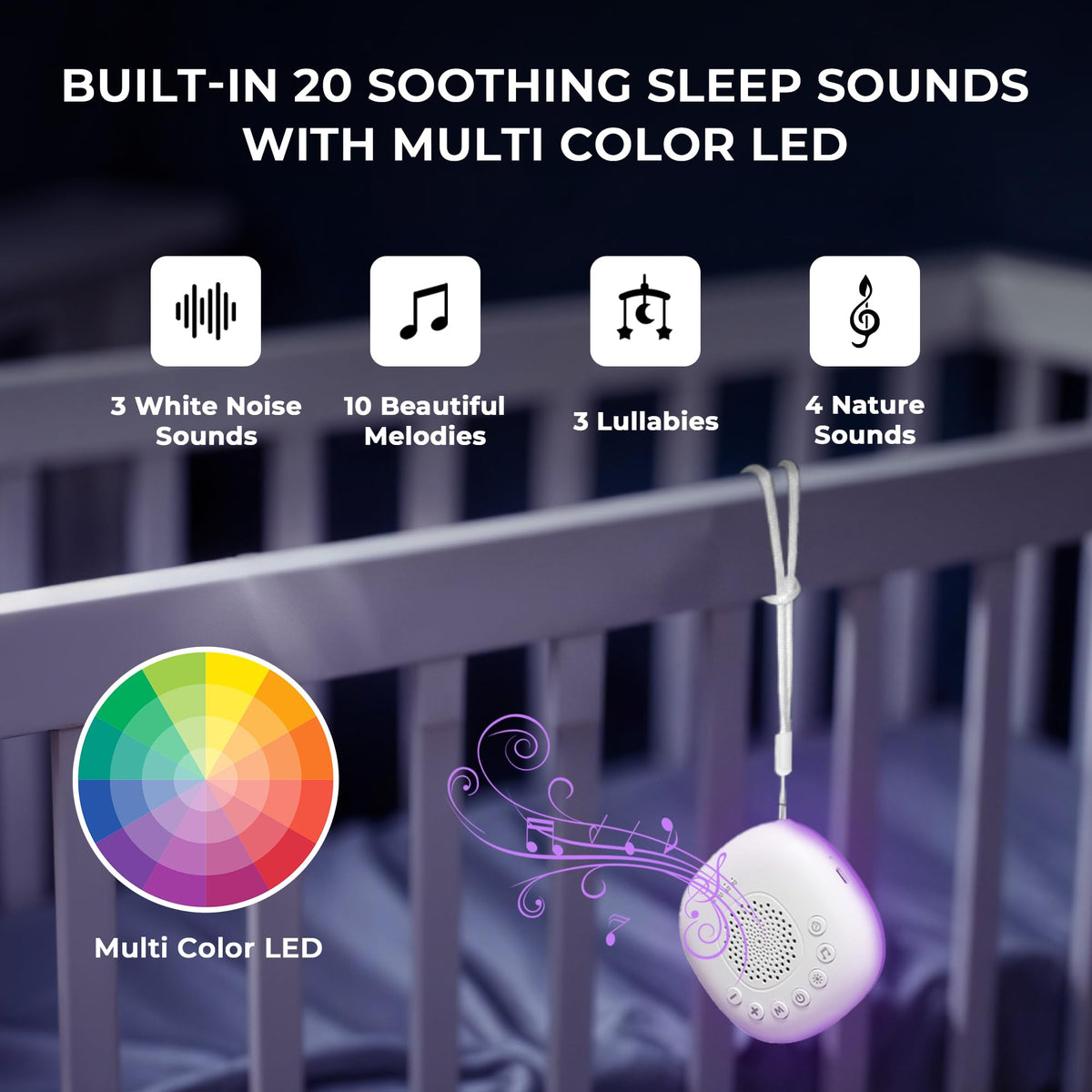 Portable White Noise Machine with 20 Soothing Sounds & RGB LED Night Light – Compact Sleep Sound Device for Babies, Adults & Travel
