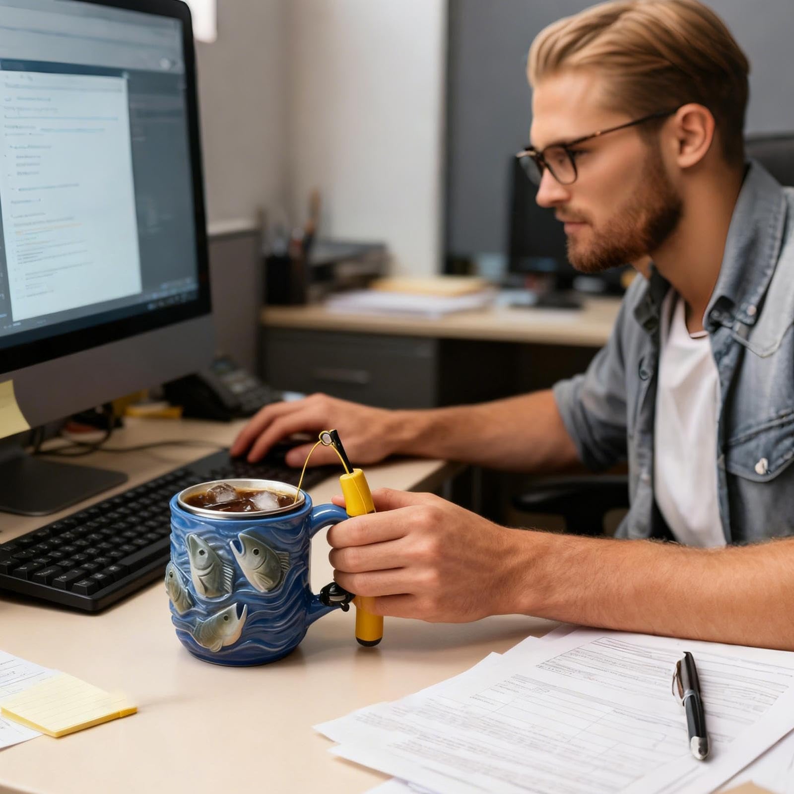 Fishing Rod Ceramic Mug with Realistic Fish Design, 100ml Mini Coffee Cup for Anglers – Durable & Fun Gift for Outdoor Enthusiasts, Office, Camping, or Home Use (Blue)