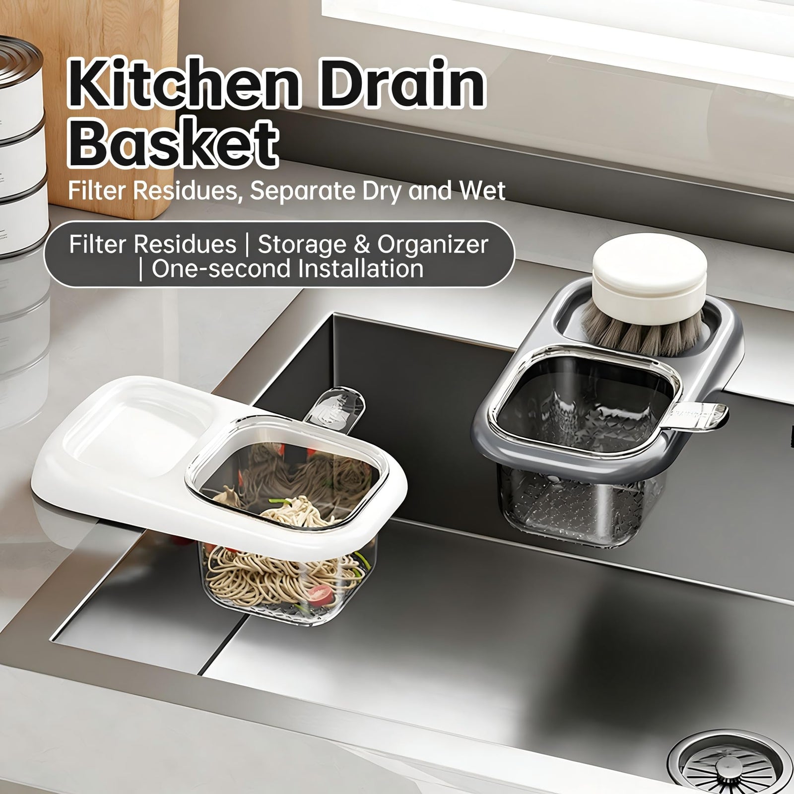 2-Pack Kitchen Sink Drain Basket – White Suction Mount Strainer for Food Waste, Tea Leaves & Vegetables – Space-Saving Filter with Top Storage (White)